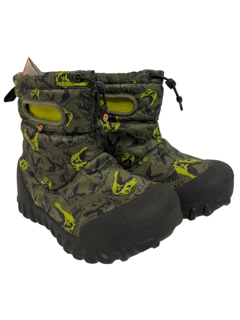 Bogs MOC Snow Boots Dino Dinosaur Youth Size 3 Pull On Green Black Faux Fur NEW